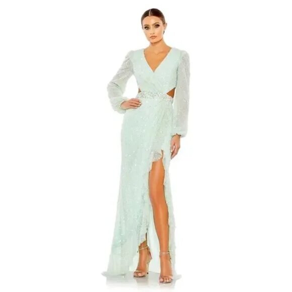 Mac Duggal 5745 Mint Long Sleeve V Neck Cut Outs High Slit Maxi NEW Size 8 - Picture 2 of 7